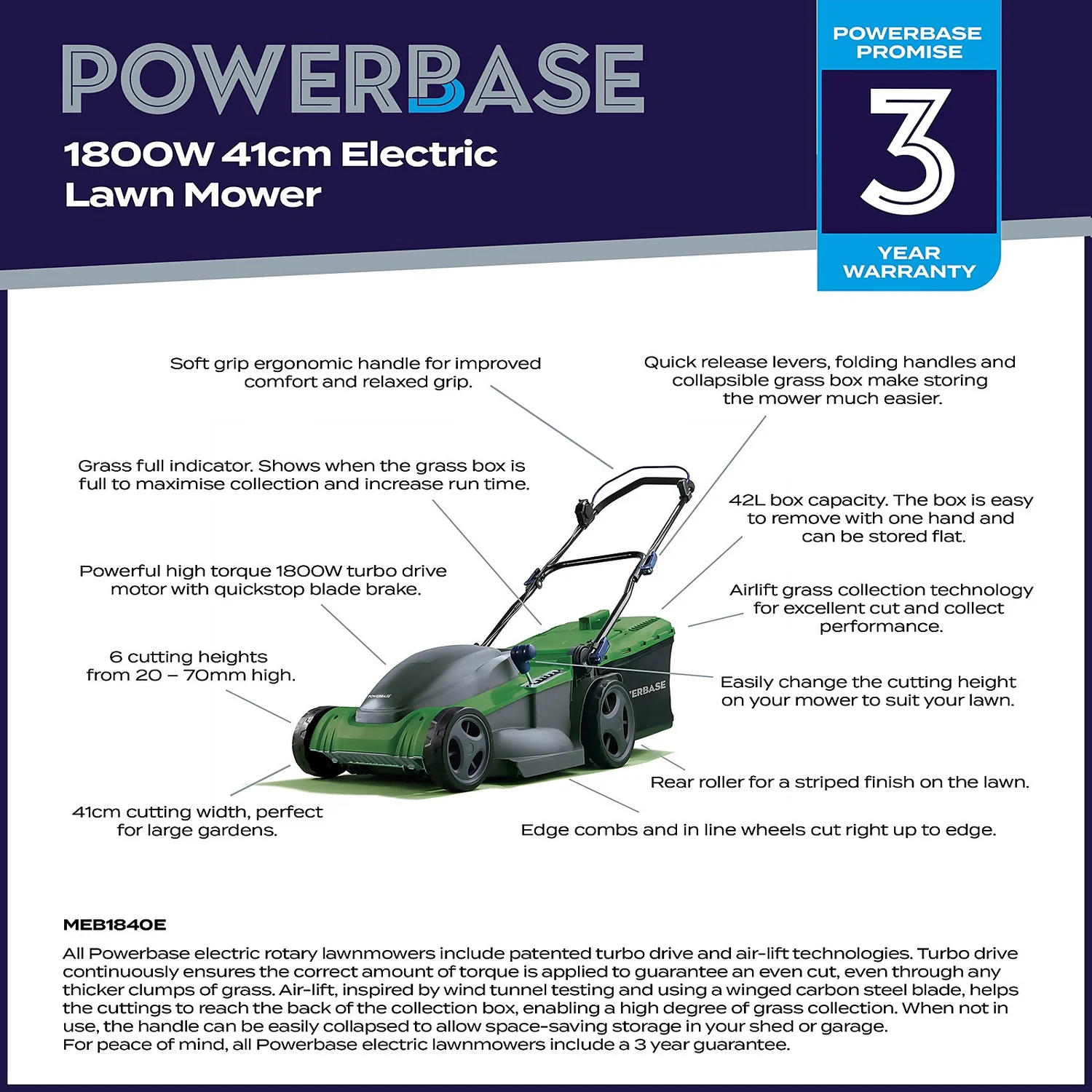 Powerbase 1800W Electric Lawn Mower - 41cm 2 Powerbase 1800W Electric Lawn Mower - 41cm - Image 2