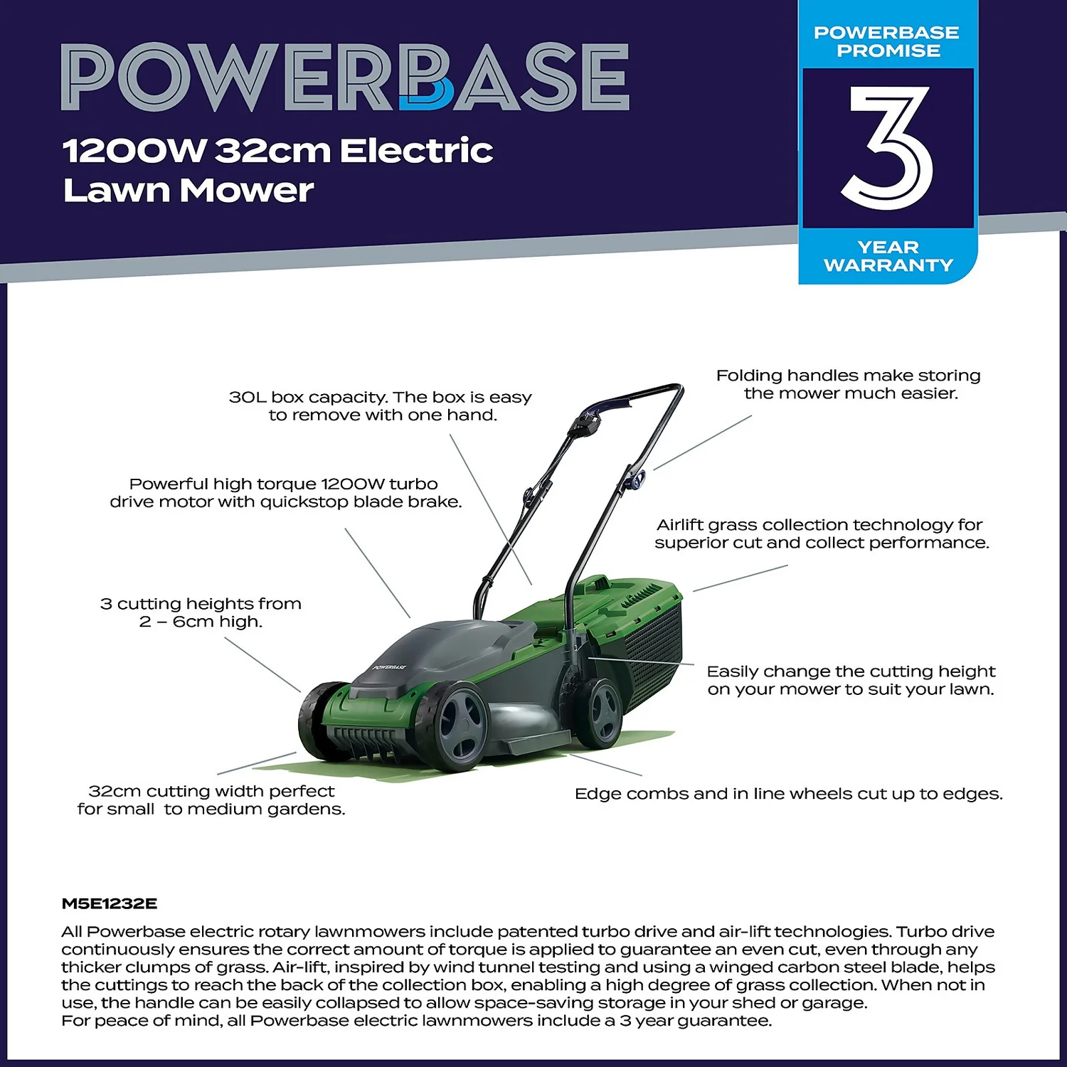 Powerbase 1200W Electric Lawn Mower - 32cm 2 Powerbase 1200W Electric Lawn Mower - 32cm - Image 2