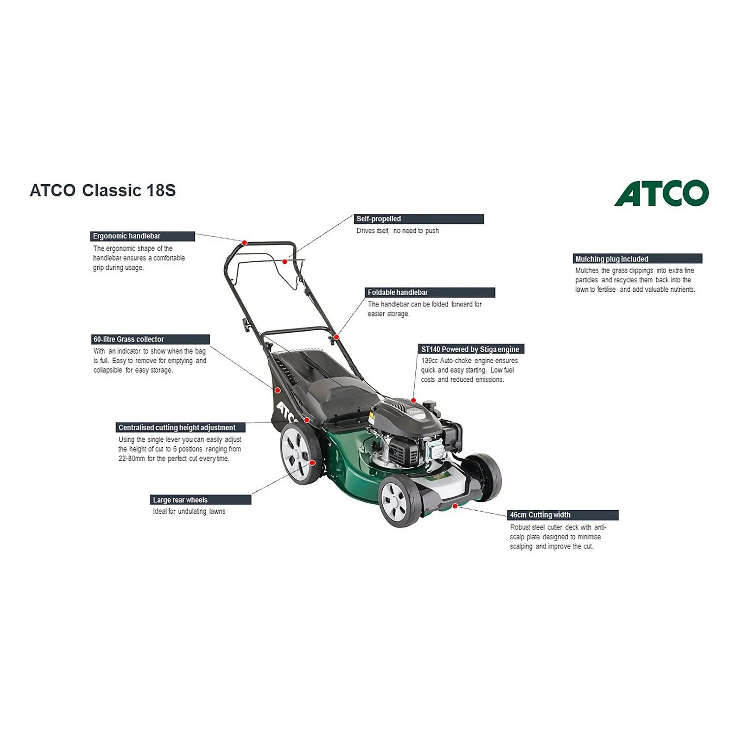 Atco 139cc Classic 18S Petrol Lawn Mower - 46cm 3 Atco 139cc Classic 18S Petrol Lawn Mower - 46cm - Image 3