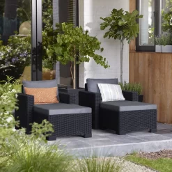 Keter California 2 Seater Outdoor Balcony Deluxe Garden Furniture Set - Graphite With Grey Cushions -Garden Haven Shop 14539592 1295041802382357